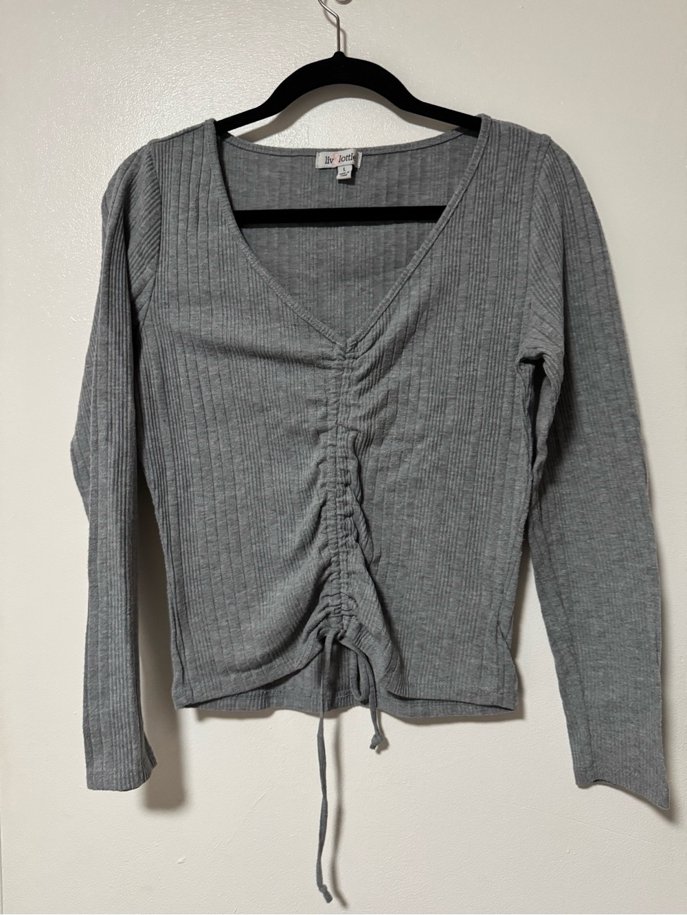 Gray Ribbed V-Neck Drawstring Long Sleeve Top